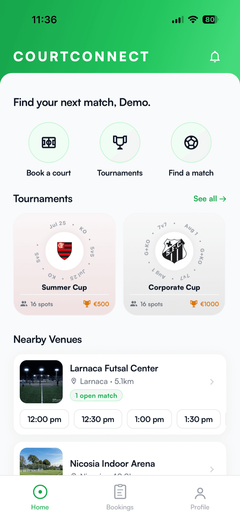 BookThe90 home screen showing quick actions, tournaments and nearby venues with bookable time slots