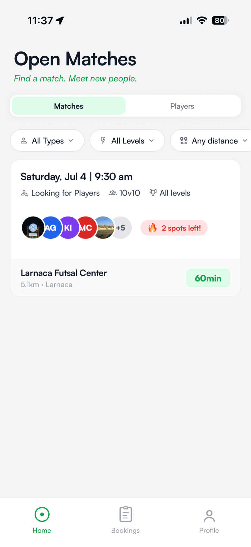 BookThe90 Open Matches screen: a Saturday 9:30 am match looking for players, 10v10, all levels, with two spots left at Larnaca Futsal Center