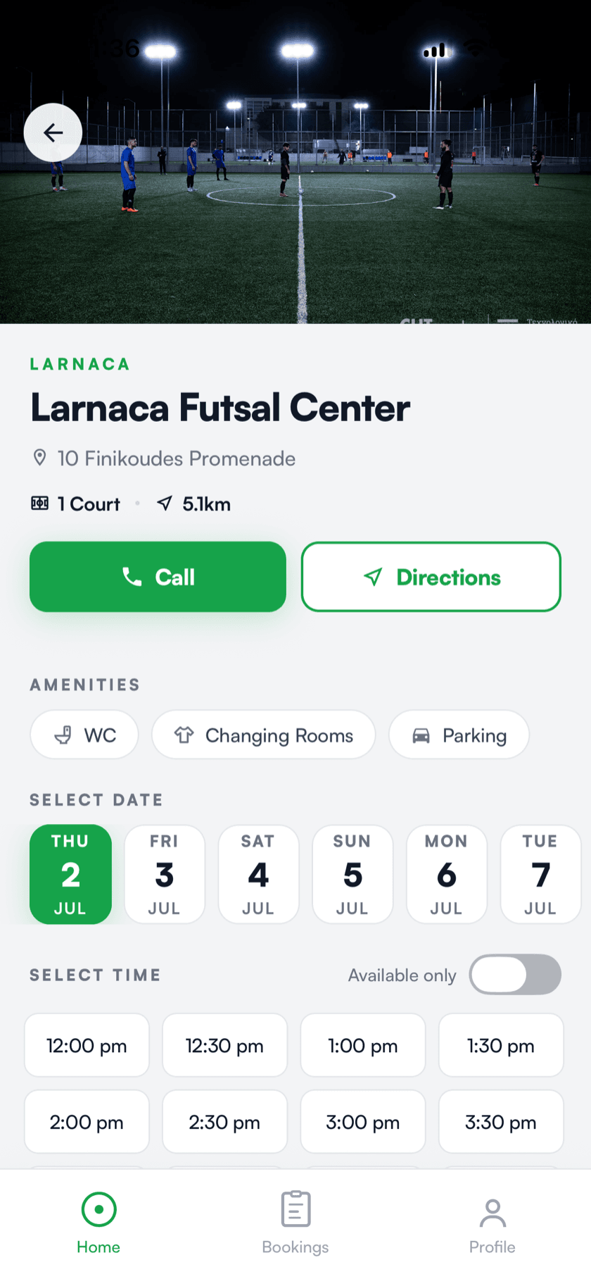 BookThe90 venue screen for Larnaca Futsal Center with call and directions buttons, amenities and date picker